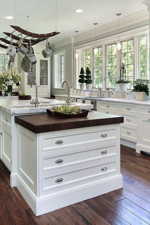 White Marble Countertops Kitchen Cabinets Micro Tile Backsplash Dark Hardwood