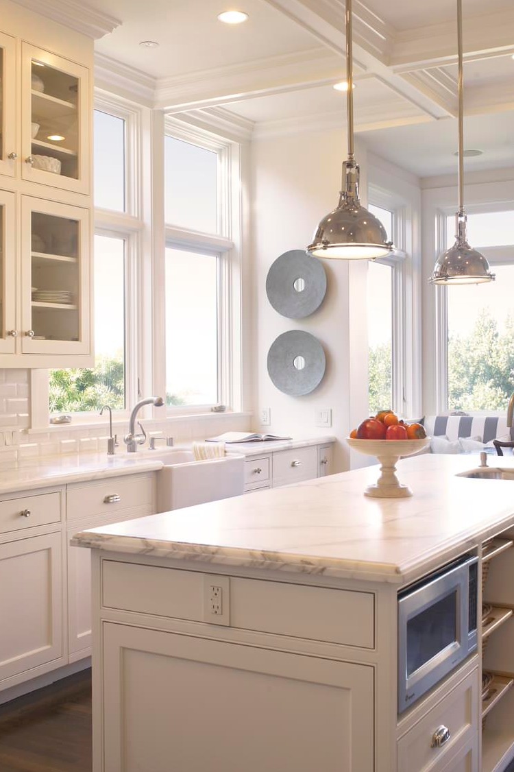 White Marble Countertops Kitchen Cabinets Subway Tile Backsplash Dark Hardwood Flooring