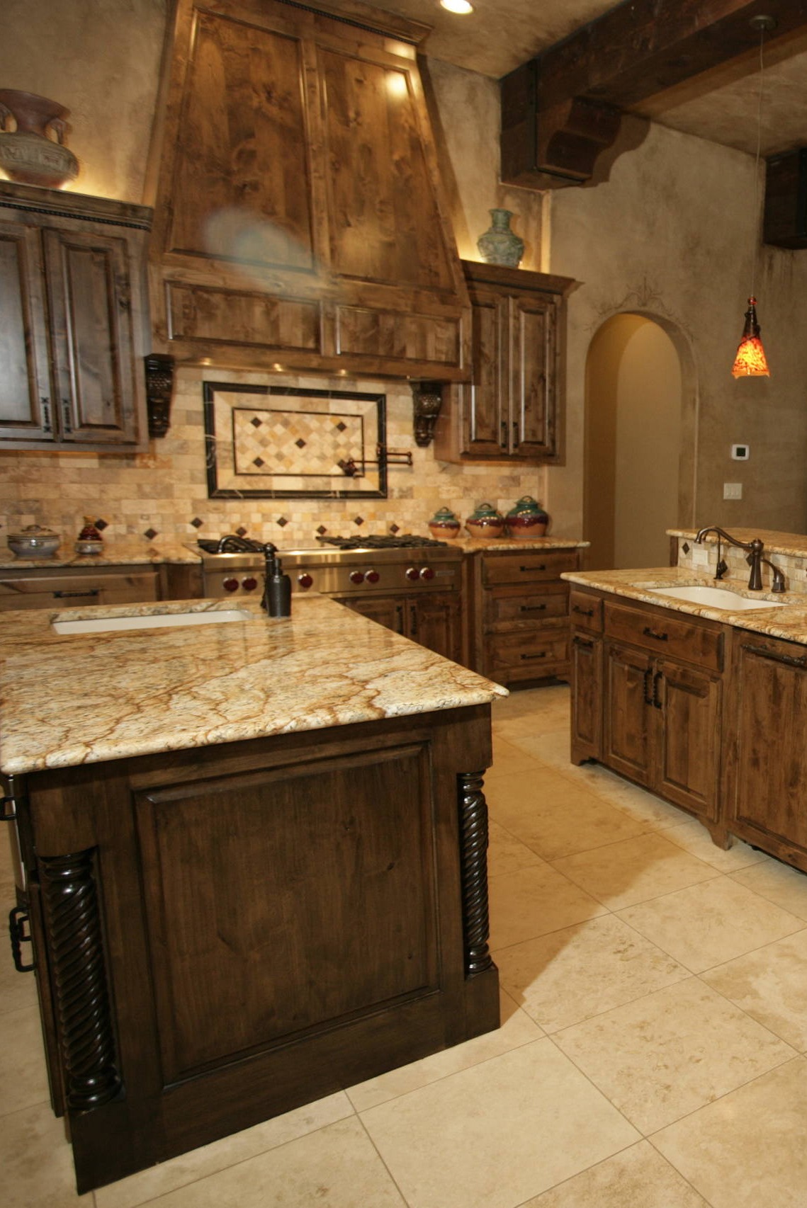 Alder Kitchen Cabinets Yellow River Granite Countertops Travertine Backsplash Filed Floor Tiles