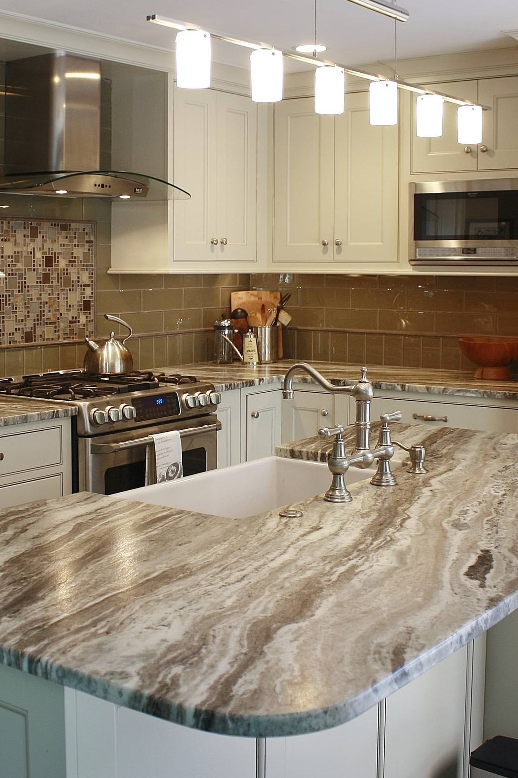 Brown Fantasy Leathered Granite Countertop White Cabinet Taupe Backsplash Tile Farmhouse Sink