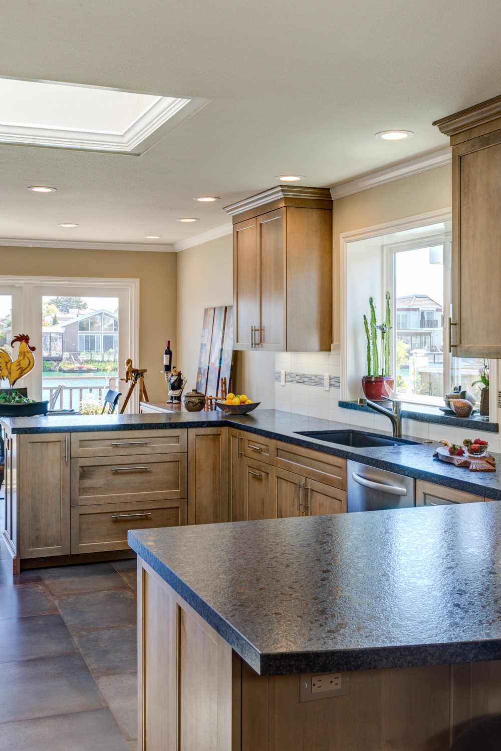 Cashew Color Stained Maple Cabinets Leather Finish Steel Gray Granite Countertops White Subway Backsplash Tiles