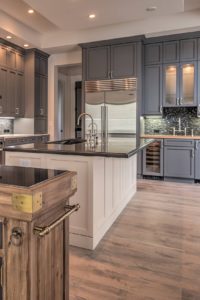 Dark Gray Cabinets Mosaic Backsplash White Quartz Countertops Dark Hardwood Flooring