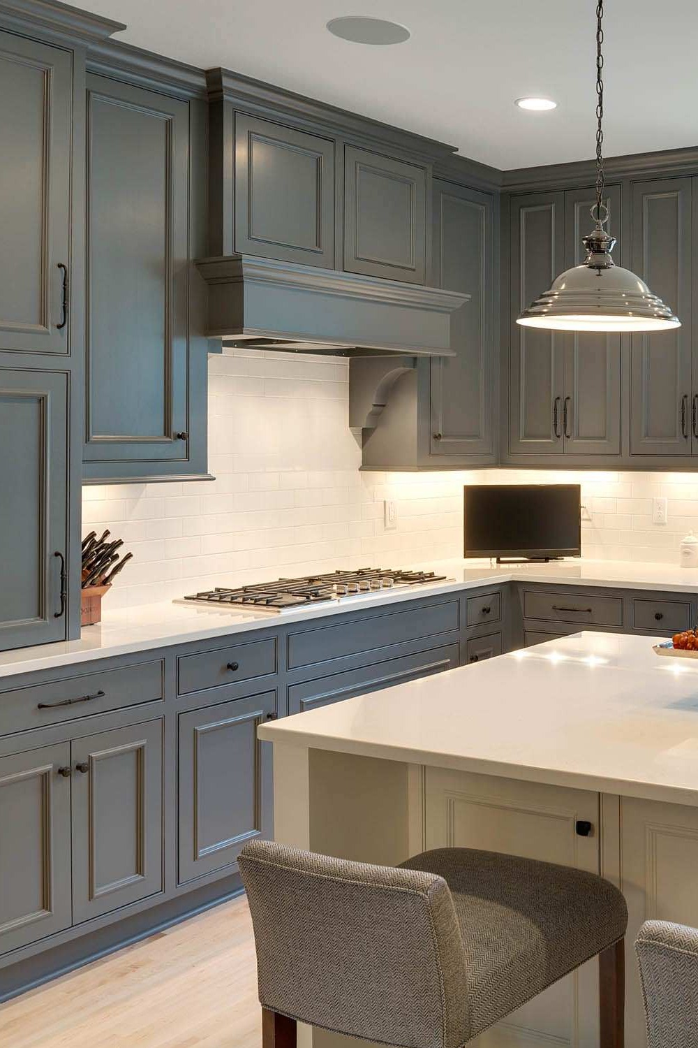 Dark Light Gray Kitchen Cabinets White Quartz Countertops Subway Backsplash Tile Cream Porcelain Floor