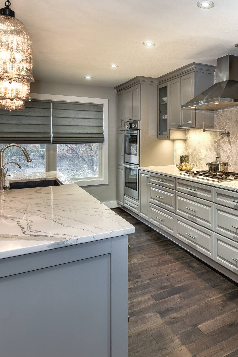 Gray Cabinets White Marble Backsplash Quartz Countertops Dark Hardwood Floor