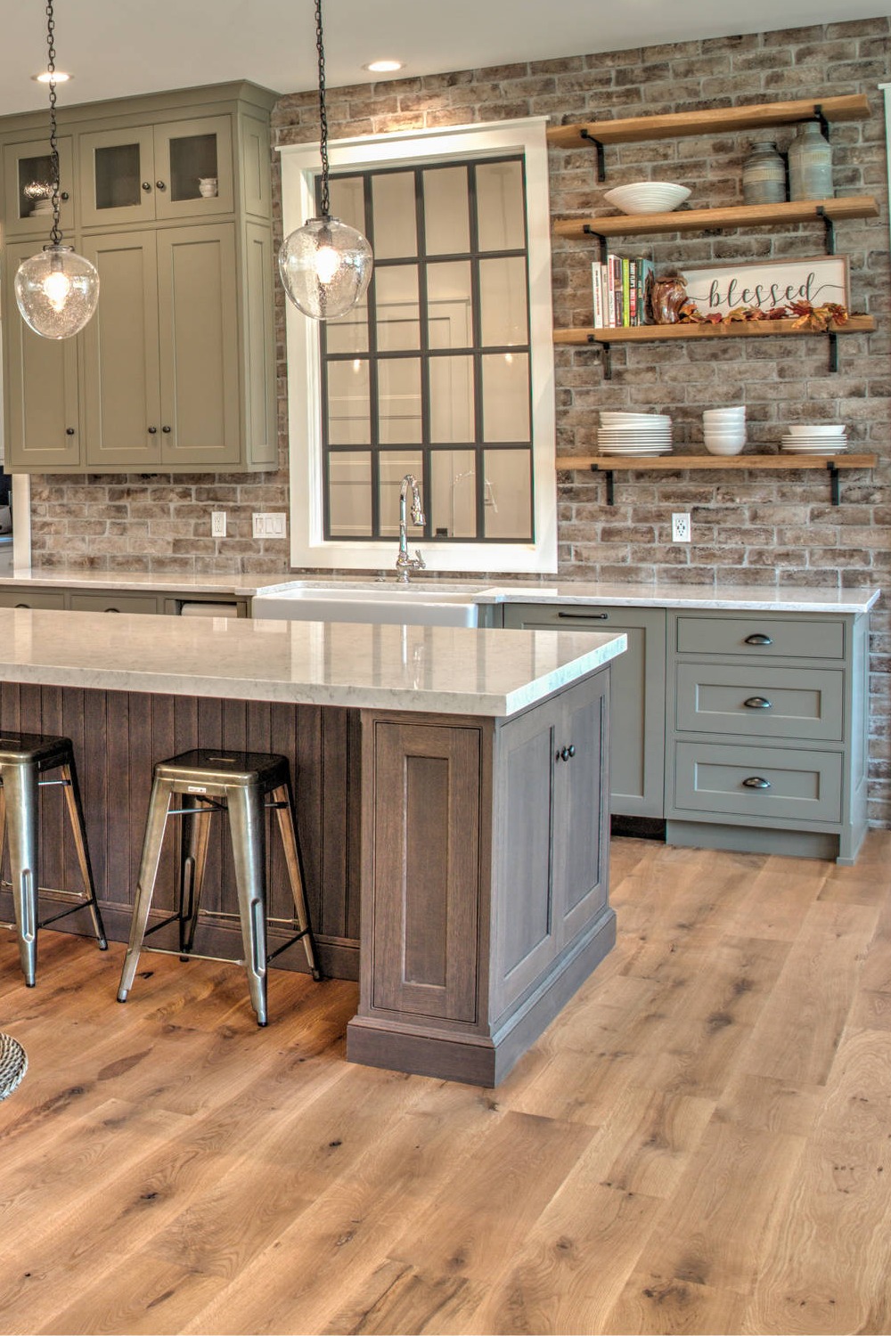 Gray Kitchen Cabinets Brick Style Backsplash White Quartz Countertops Porcelain Floor Tiles