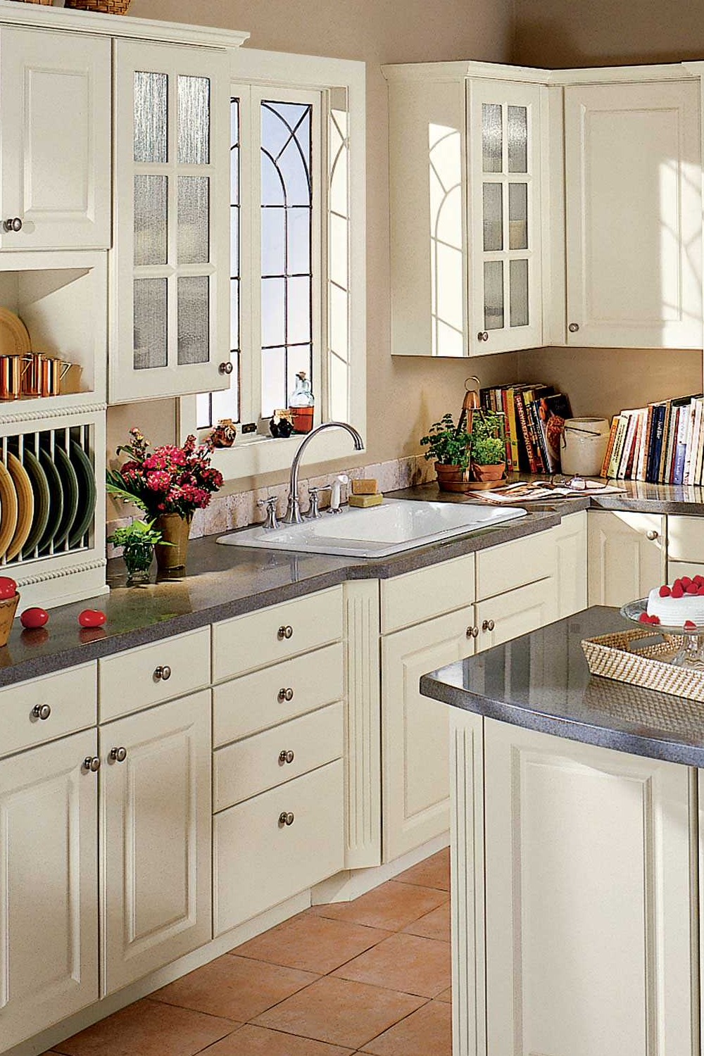 Gray Kitchen Granite Countertops Cream Cabinets Wall Paint Reddish Porcelain Floor Tile
