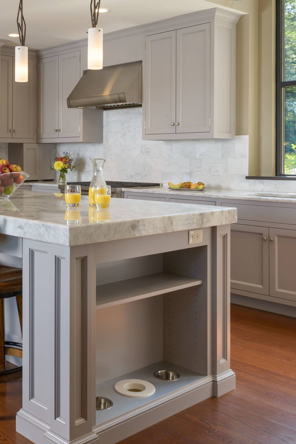 Light Gray Cabinets White Marble Backsplash Tile Quartzite Countertops Dark Hardwood Floor