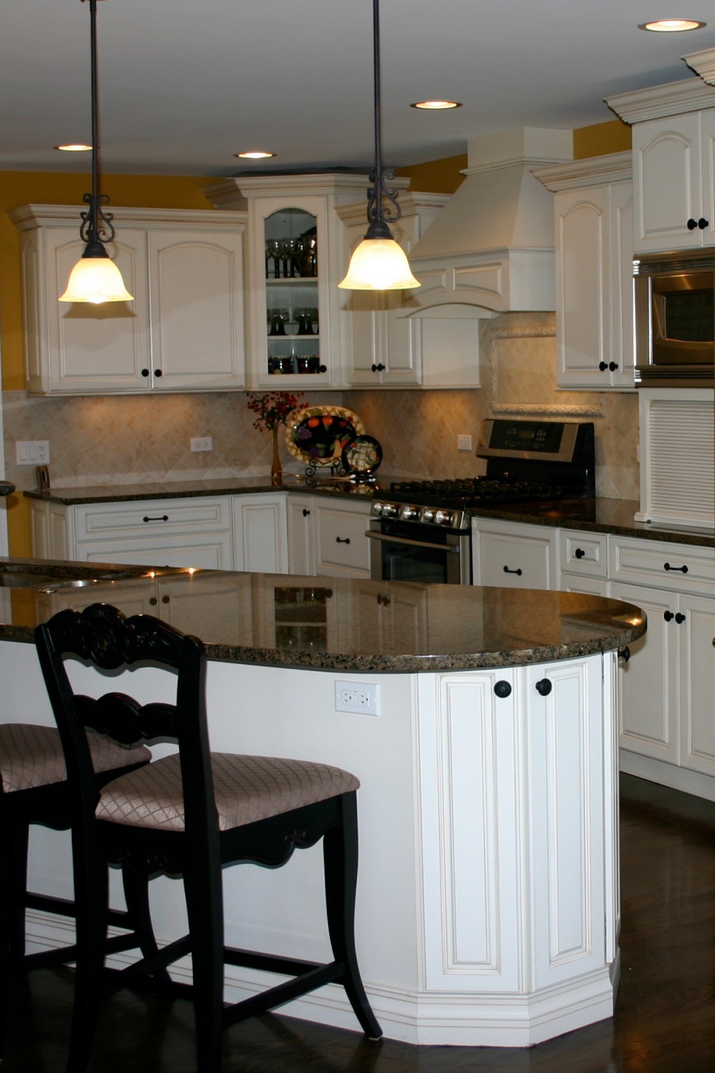 Brown Granite Countertop White Cabinet Cream Backsplash Tile Dark Hardwood Floor