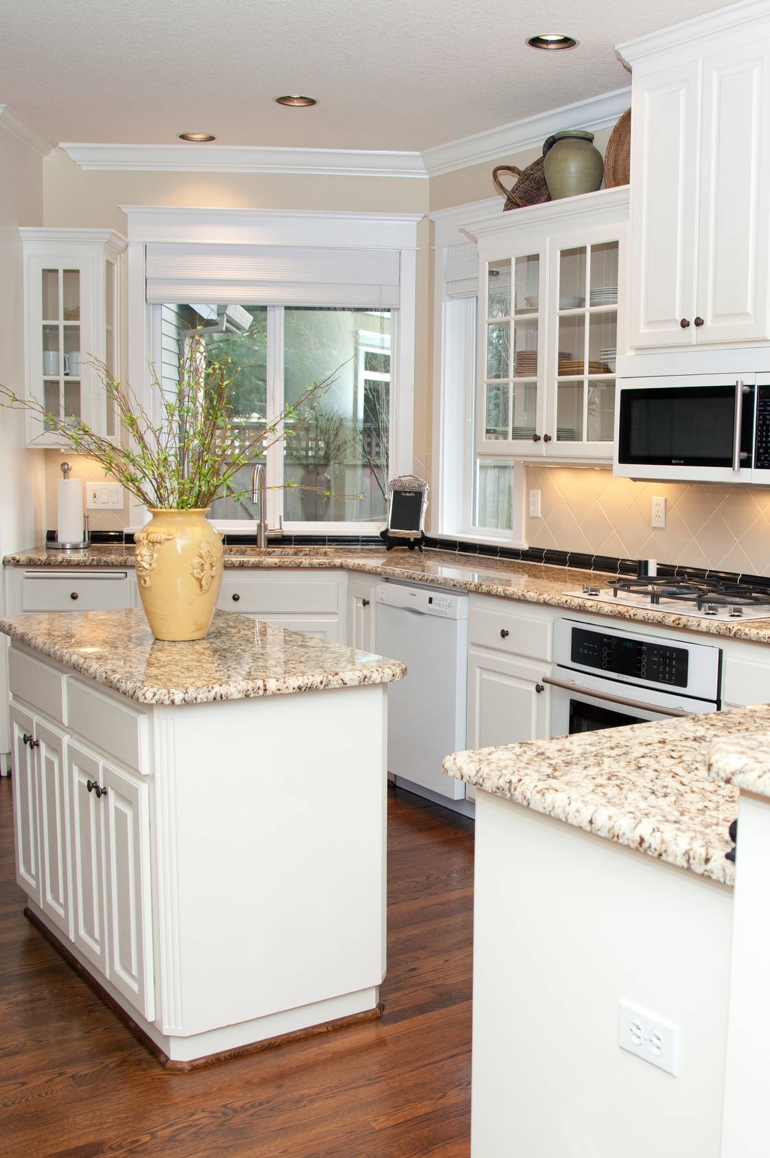 White Cabinets Cream Tile Backsplash Giallo Fiesta Granite Countertops Dark Hardwood Floors