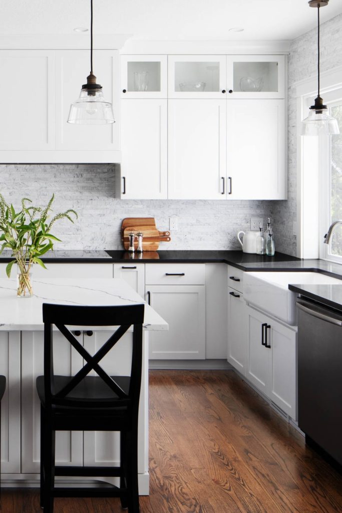black and white kitchen with quartz countertops