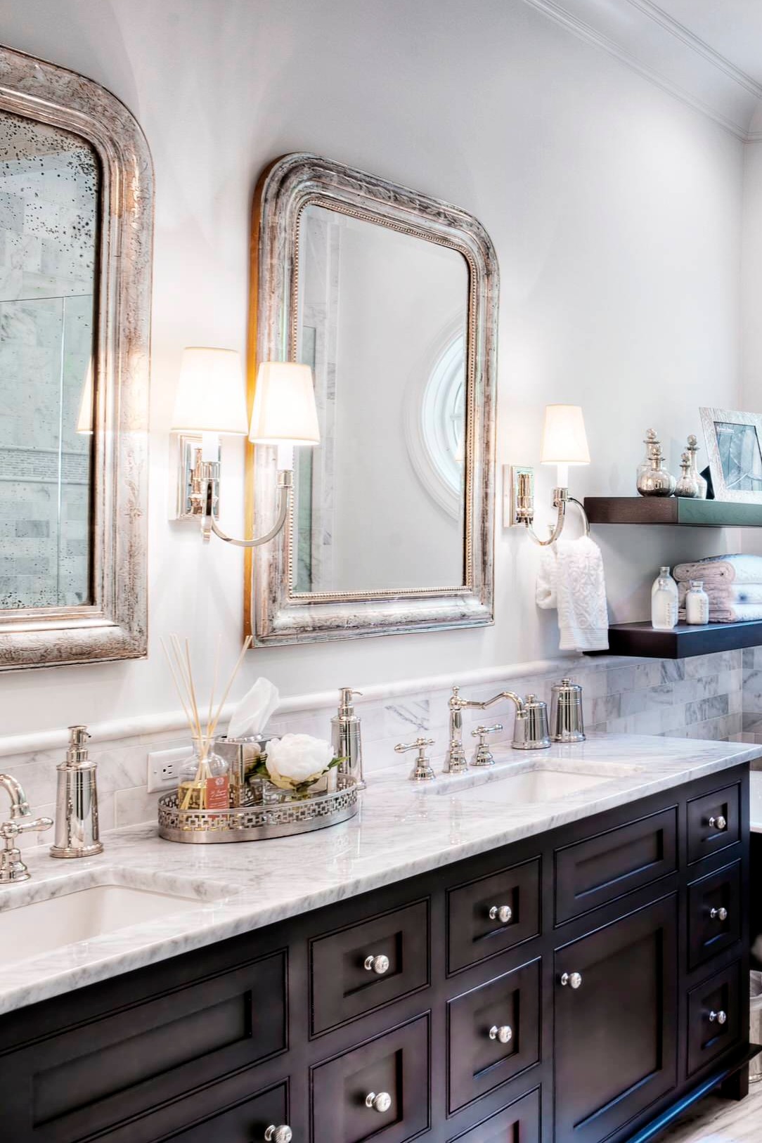 Black Bathroom Vanity Cabinet White Carrara Marble Countertop Floor Tiles Backsplash