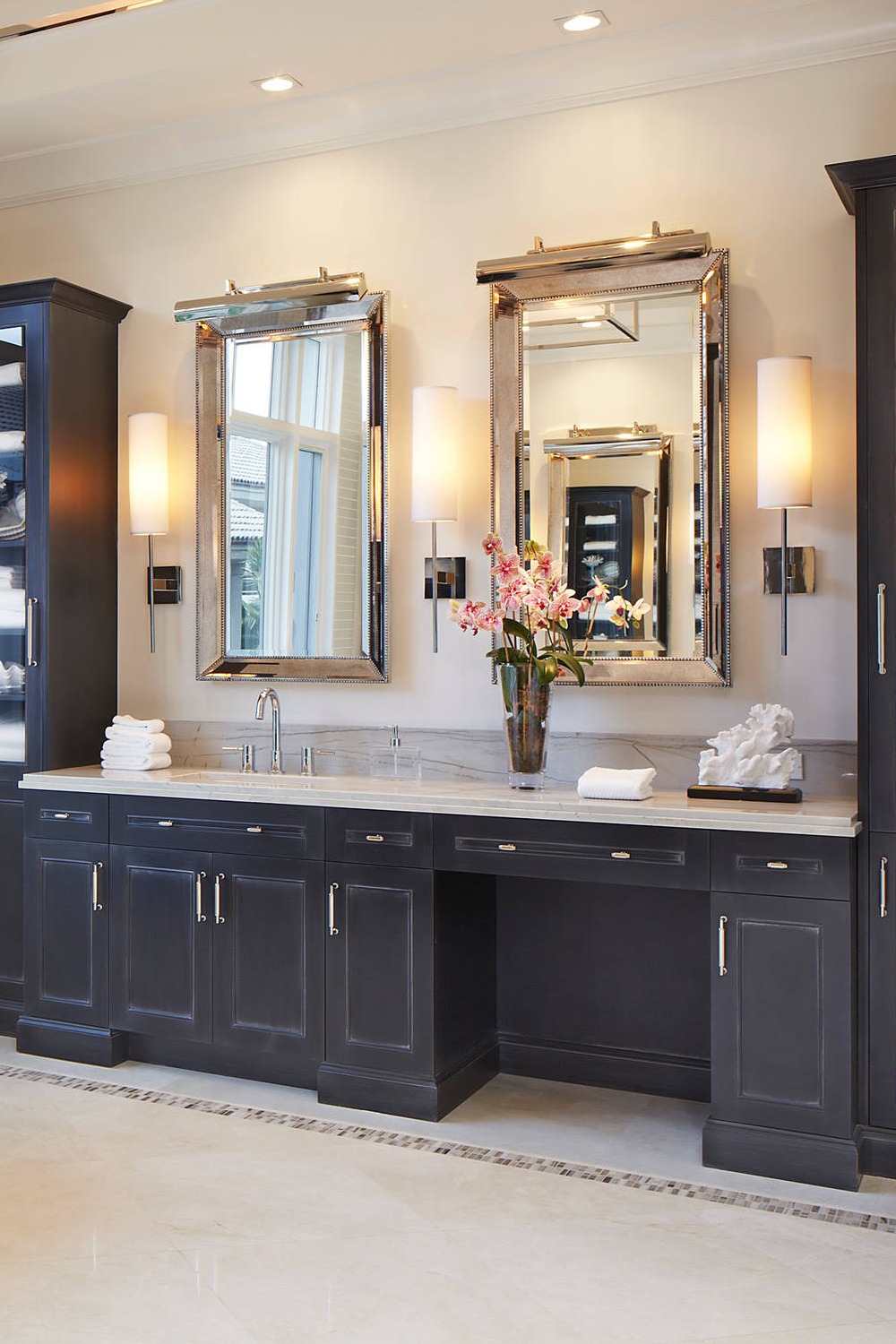 Black Bathroom Vanity Cabinets Cream Countertop Floor Tiles