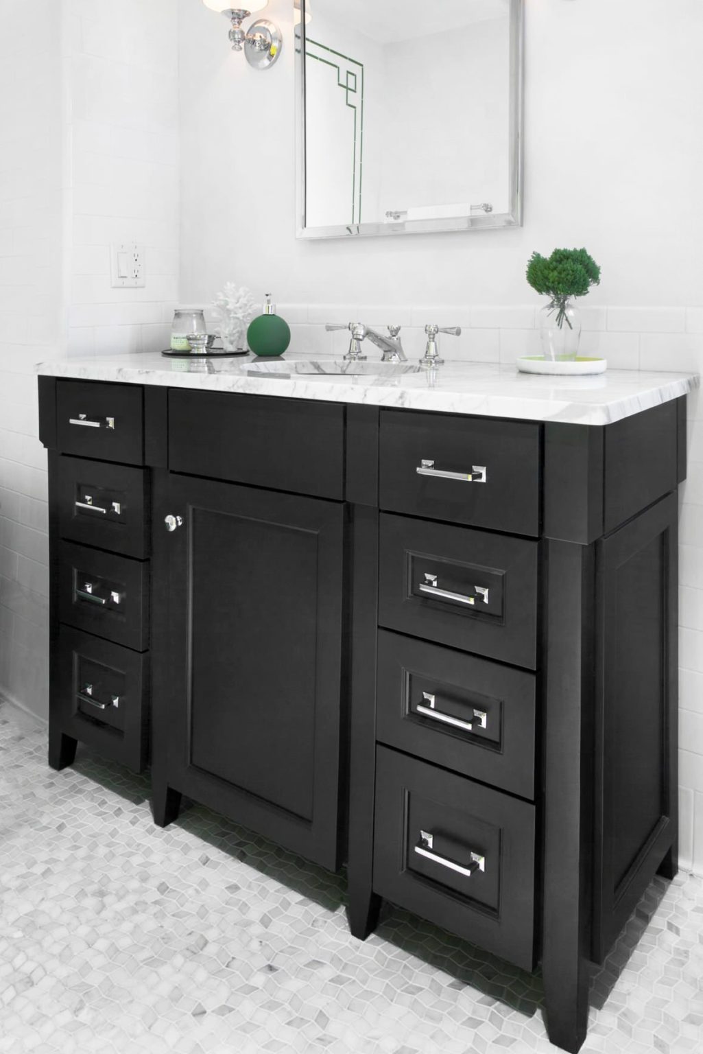 35+ Beautiful Dark Bathroom Cabinets With White Countertops