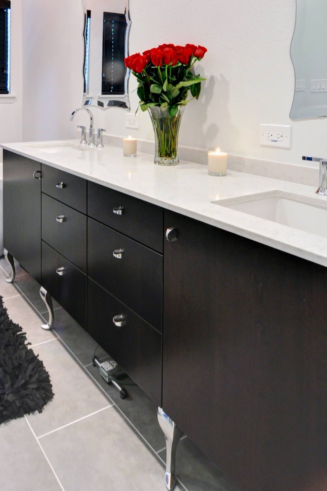 Black Modern Vanity Cabinet White Quartz Countertop Beige Floor Tiles