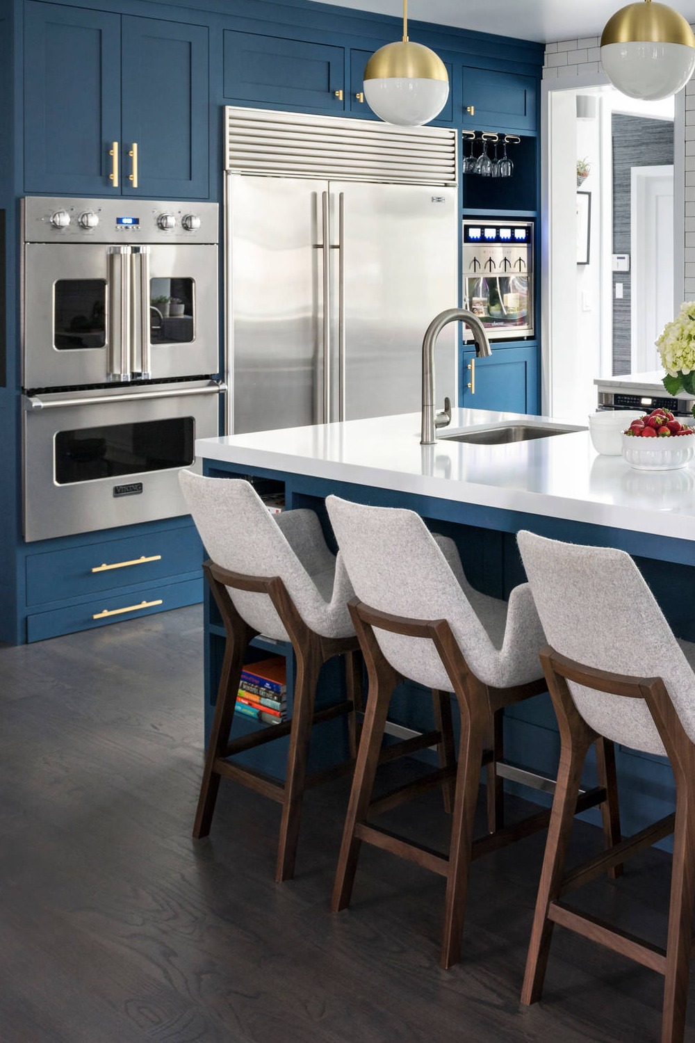 Blue Shaker Cabinets White Maintenance Free Quartz Countertops Dark Wood Floor