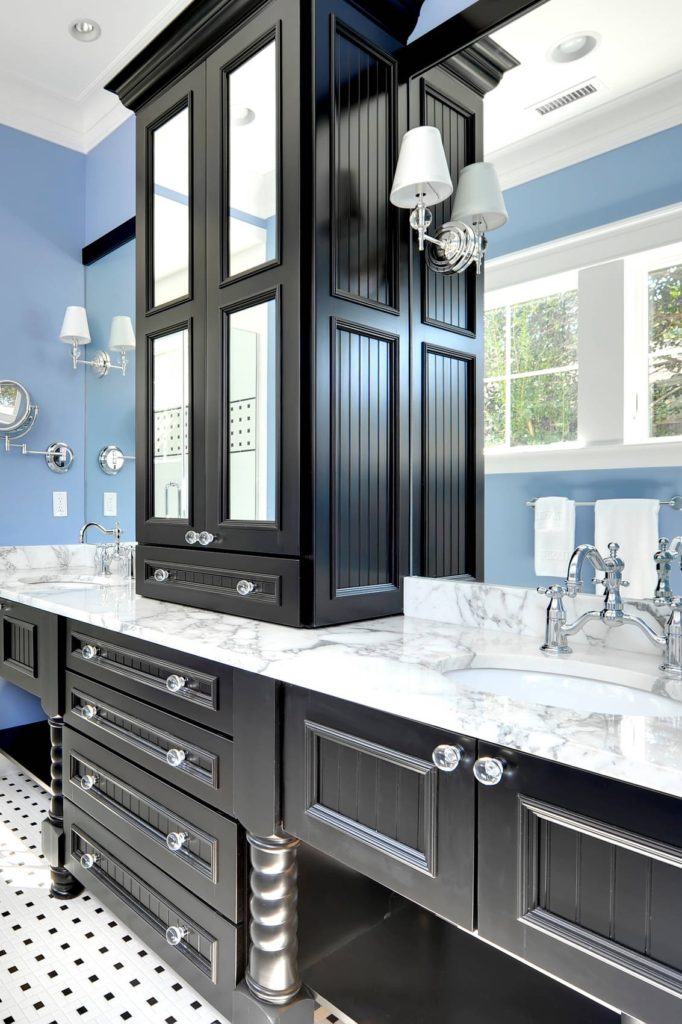35+ Beautiful Dark Bathroom Cabinets With White Countertops