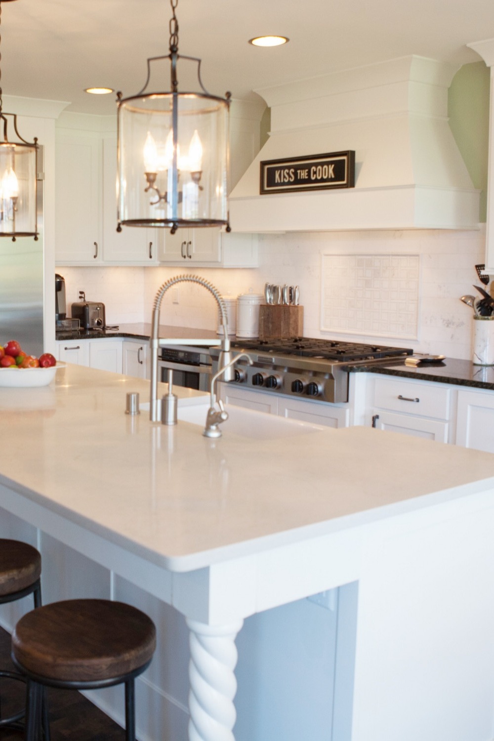Caesarstone London Grey Quartz Countertops White Cabinets Dark Hardwood Floor Tile Backsplash