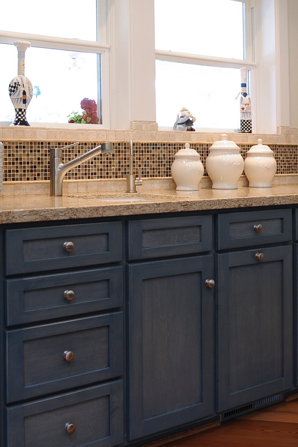 Dark Blue Cabinets Hardwood Floor Mosaic Tile Backsplash Maintenance Free Quartz Countertops