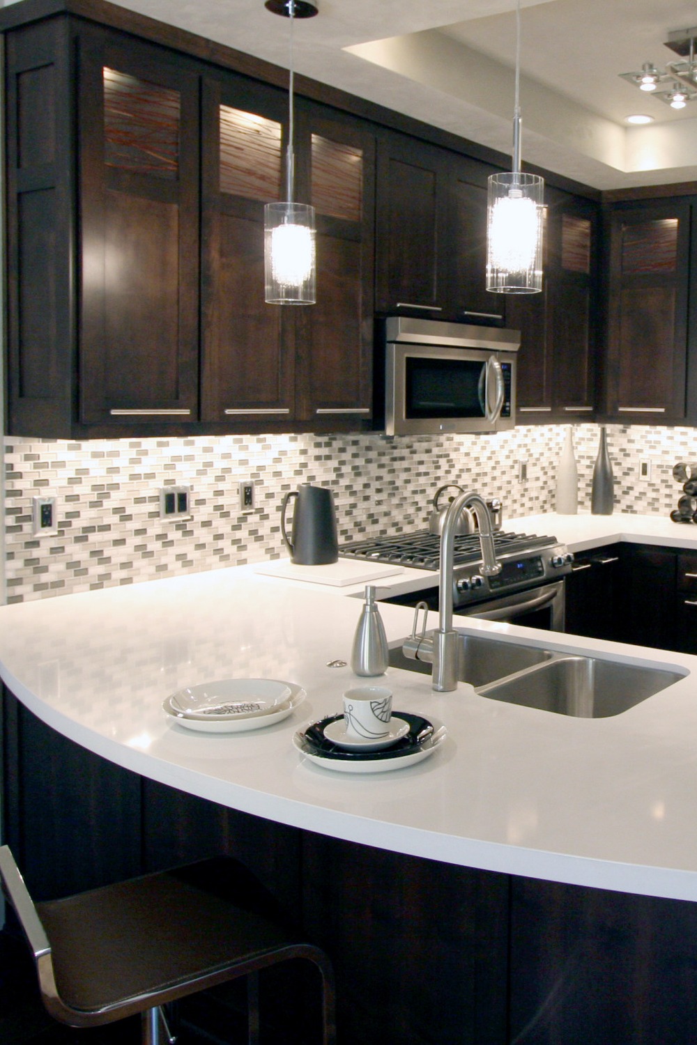 Dark Chocolate Color Cabinets Mosaic Backsplash Tiles White Quartz Countertops Hardwood Floor