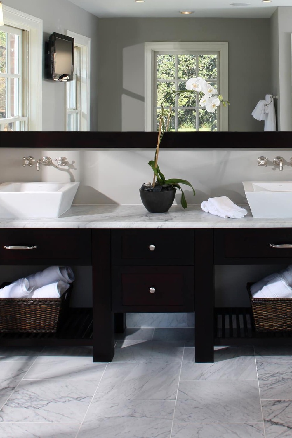 Dark Espresso Color Bathroom Vanity Cabinet White Marble Countertop Floor Tile