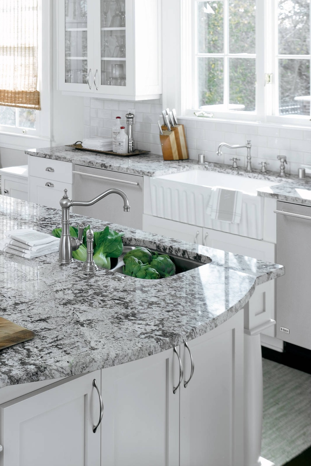 Dark Hardwood Floor White Diamond Granite Countertops Cabinets Subway Tile Backsplash