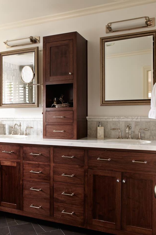 Dark Maple Bathroom Vanity Cabinets White Marble Countertops Porcelain Brown Floor Tiles