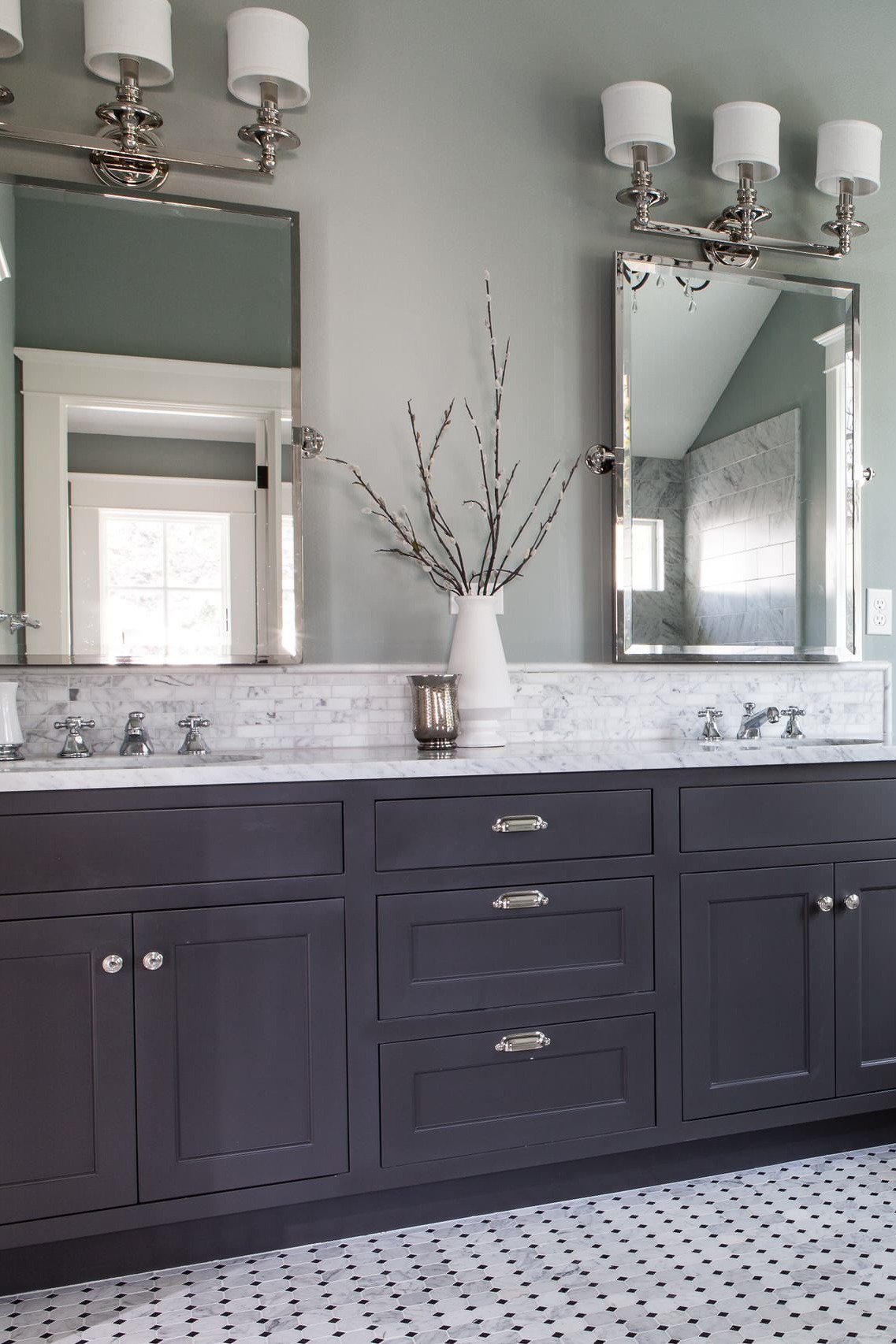 Diamond Style Mosaic Floor Tiles Black Vanity Bathroom Cabinets White Carrara Marble Countertop