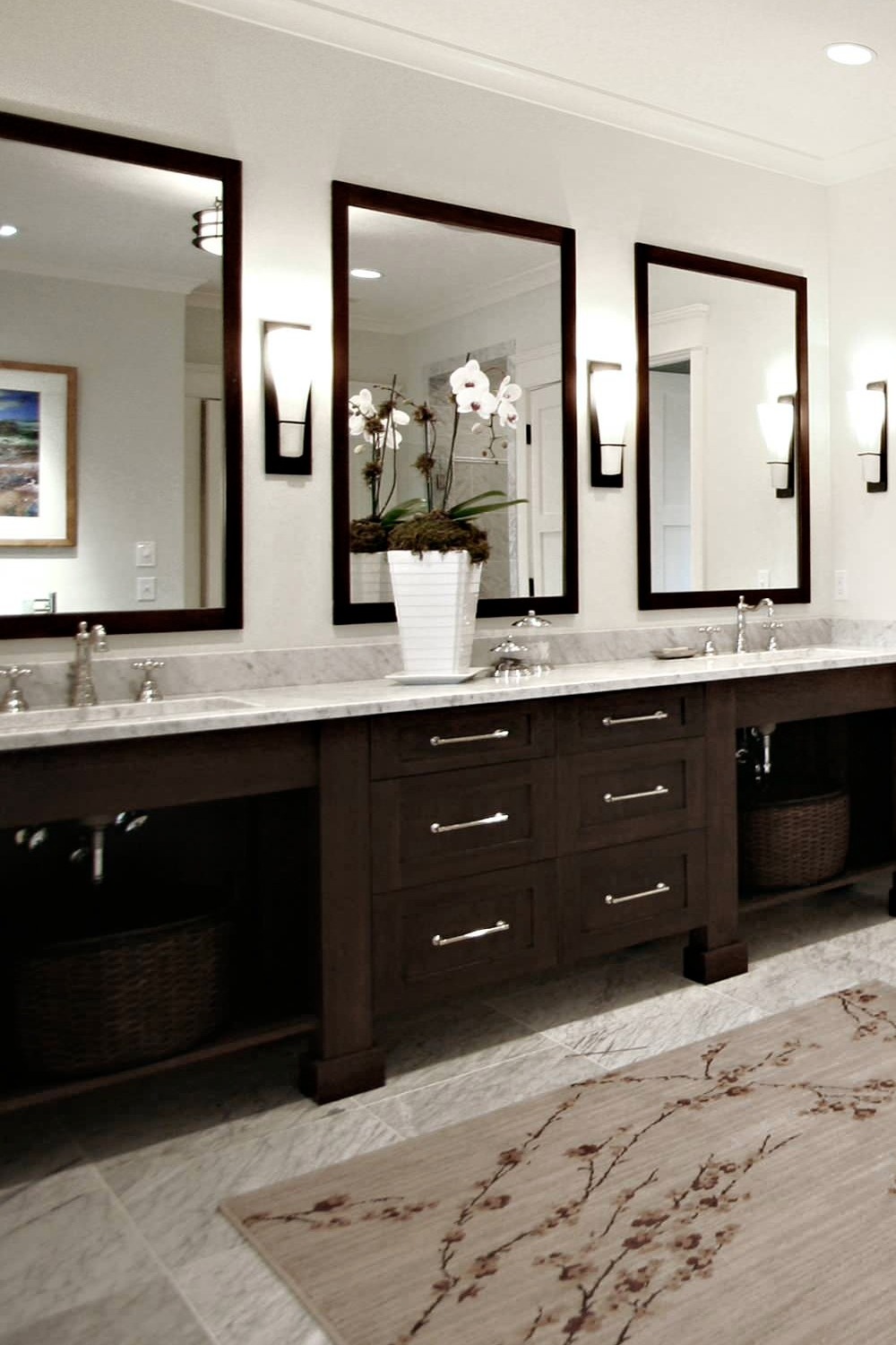 Espersso Color Bathroom Vanity Cabinets White Carrara Marble Countertops Backsplash Floor Tile