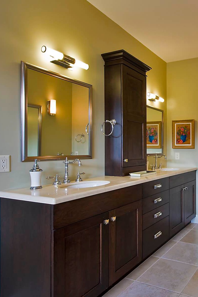 Espresso Bathroom Vanity Cabinets Beige Floor Tiles Marble Countertops