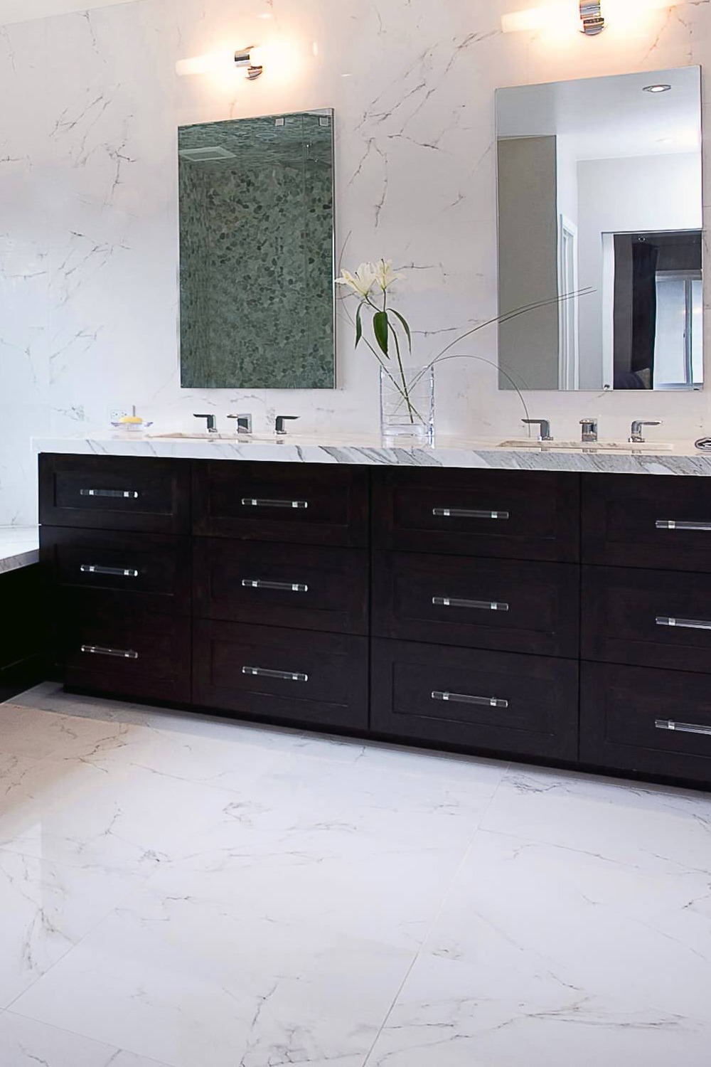 Espresso Bathroom Vanity Cabinets White Marble Countertops Porcelain Tile Backsplash Marble Floor