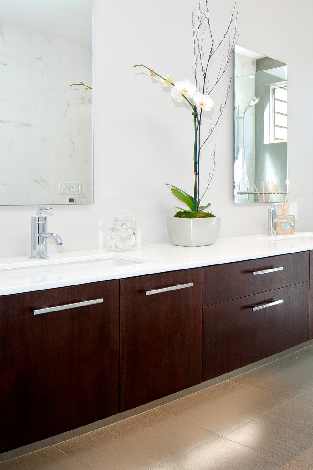 Floating Flat Front Espresso Bathroom Vanity Cabinets White Quartz Countertops Gray Porcelain Floor Tiles