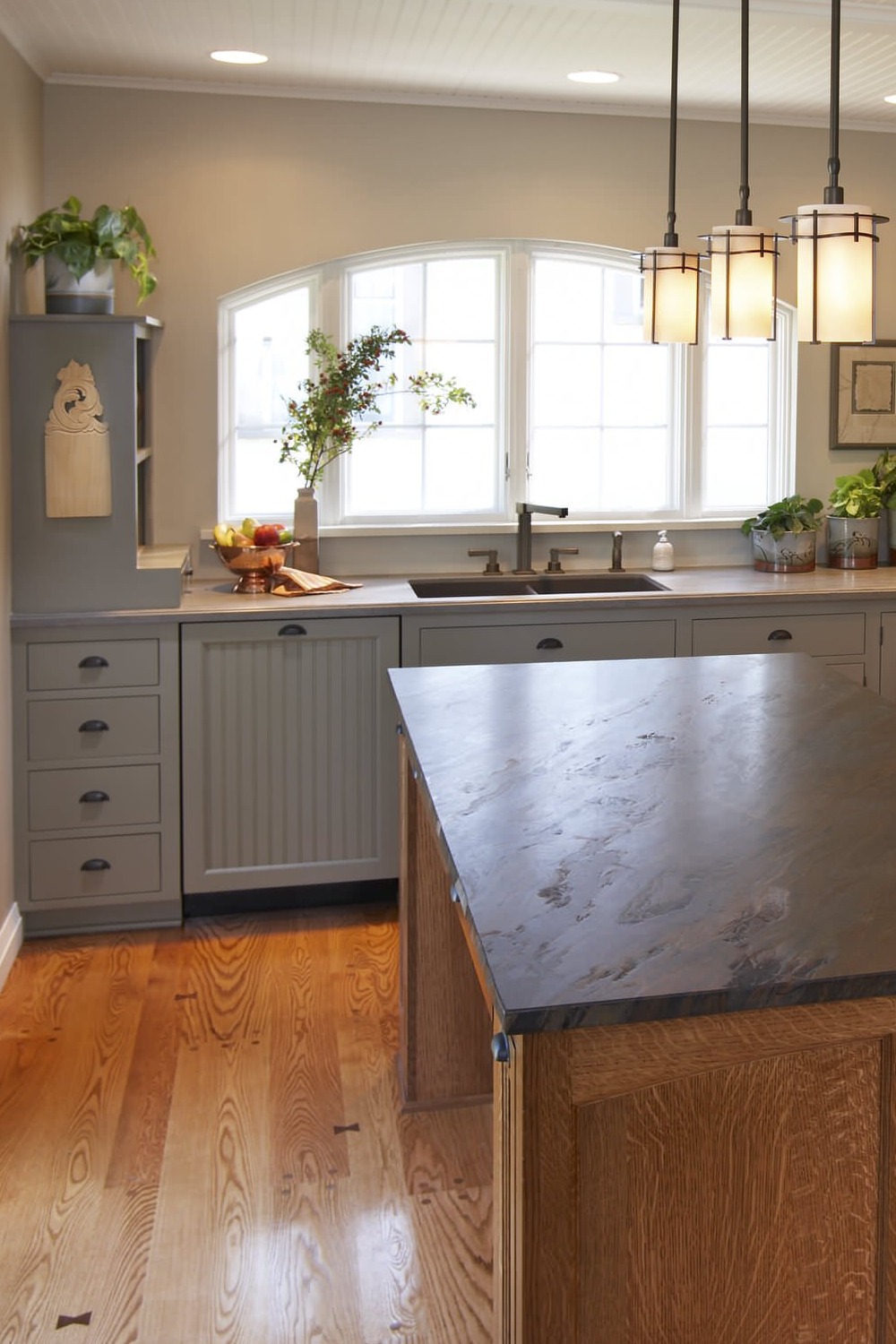 Gray Kitchen Cabinets Black Granite Countertop Dark Hardwood Floor 1