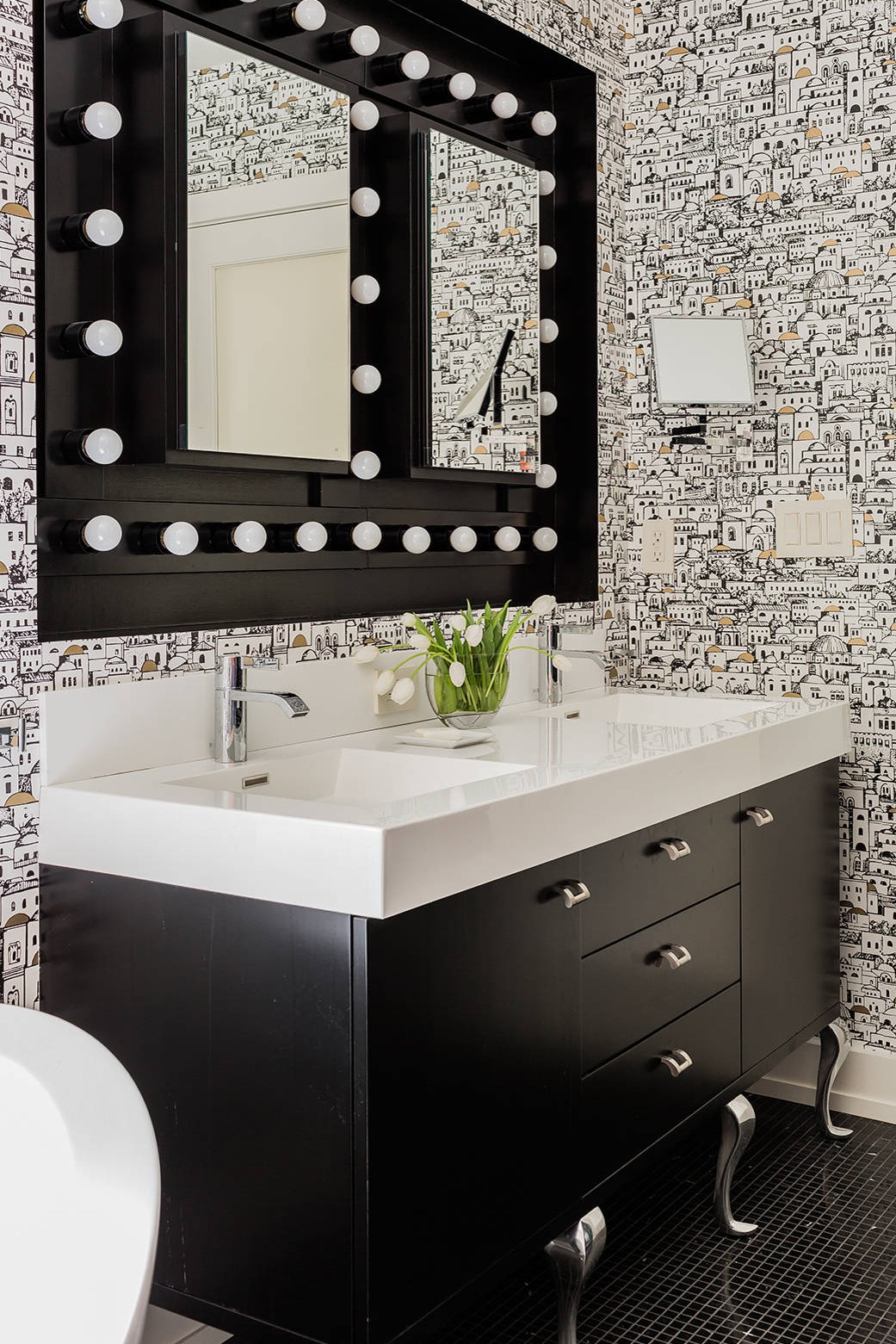 House Figured Wall Paper Black Vanity Cabinet White Quartz Countertop Dark Mosaic Floor Tiles