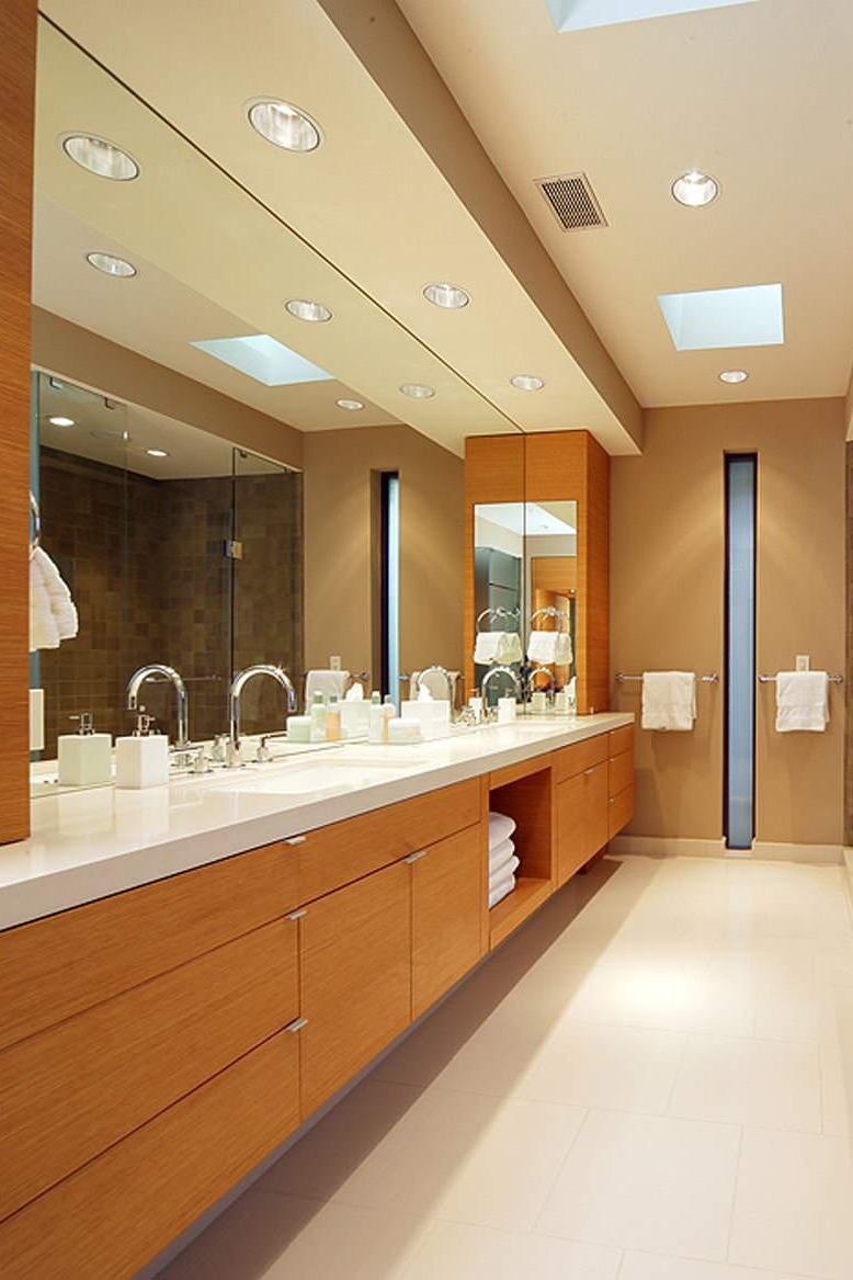 Light Oak Vanity Cabinets White Quartz Countertop Beige Floor Tiles