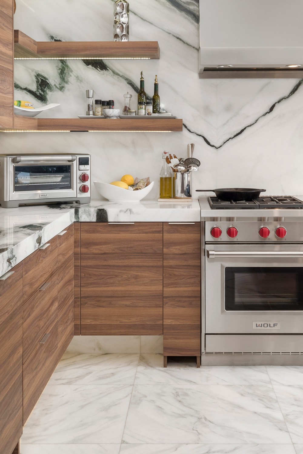 Low Maintenance Kitchen Countertops Full Height Backsplash Dark Brown Cabinets White Marble Floor Tile