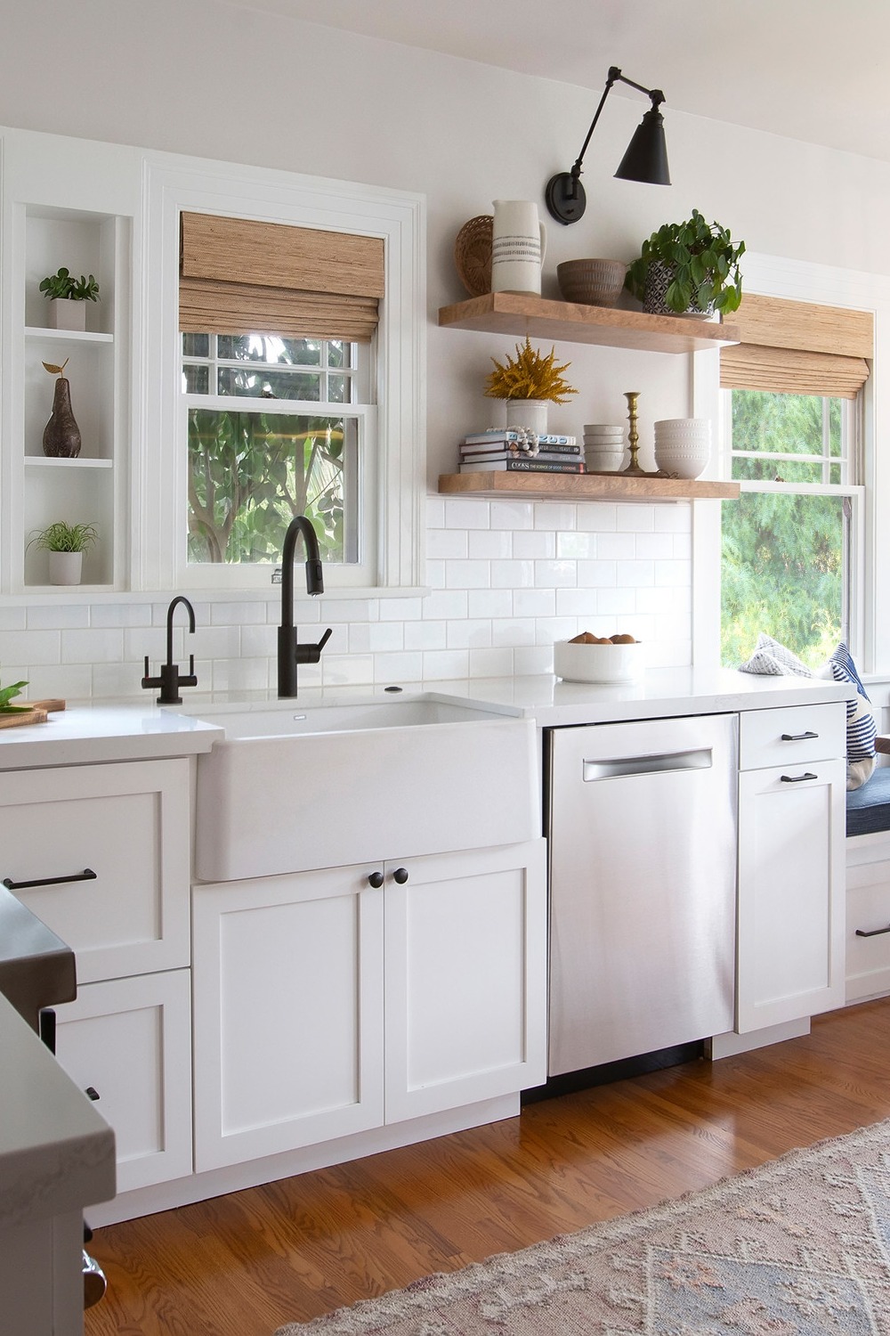 Maintenance Free Quartz Countertops Small Cozy Kitchen Farmhouse Sink White Subway Backsplash Wood Floor