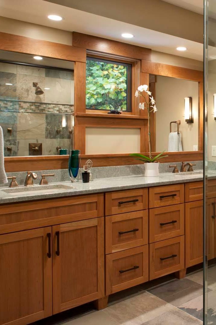 Oak Vanity Bathroom Cabinets White Granite Countertop Slate Floor Tiles