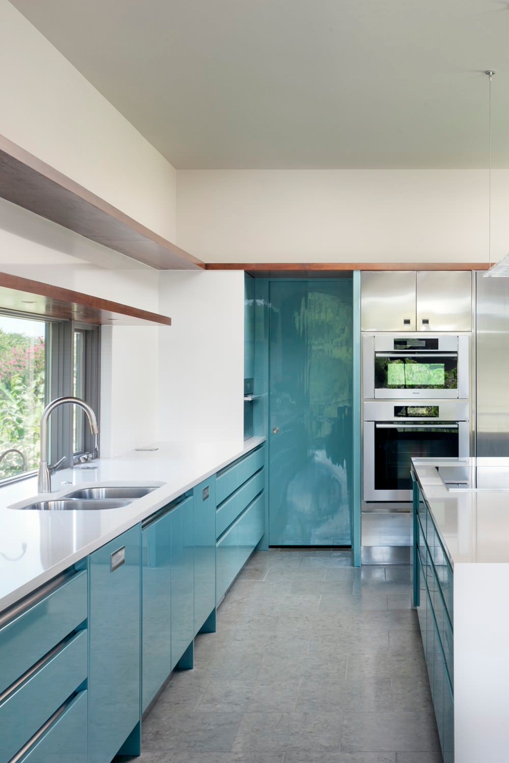 Turquoise Color Cabinets Caesarstone Blizzard Quartz Countertops Gray Porcelain Floor Tiles