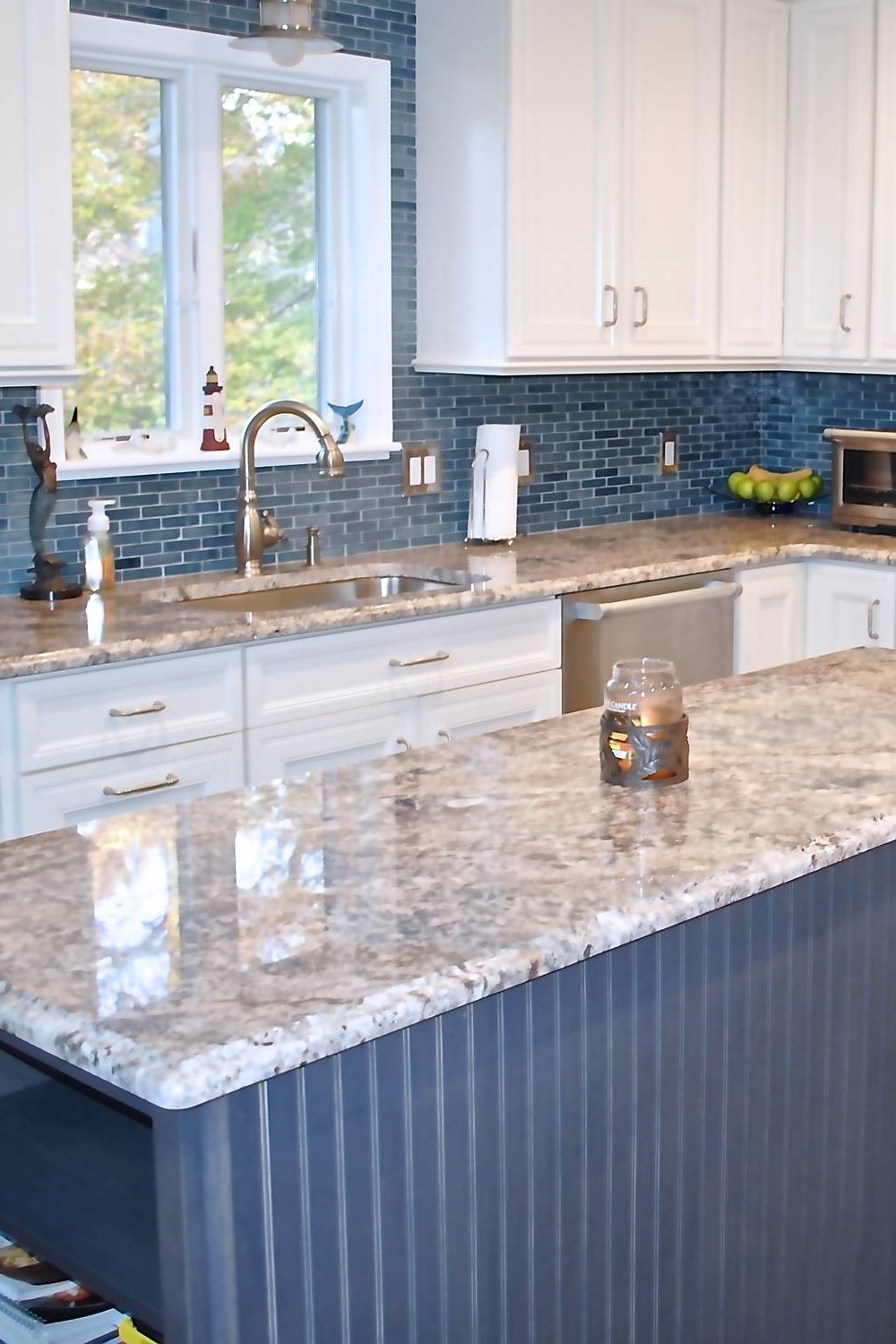 White Blue Kitchen Cabinets Maintenance Free Quartz Countertops Mosaic Tile Backsplash