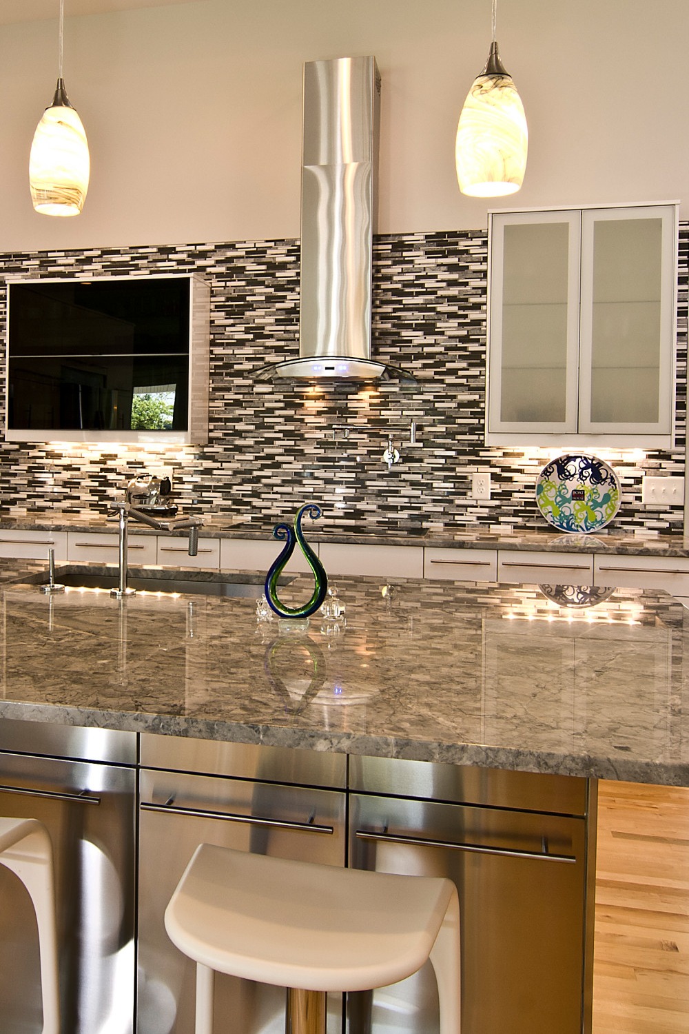 White Granite Countertops Cabinets Mosaic Tile Backsplash Light Wood Floor