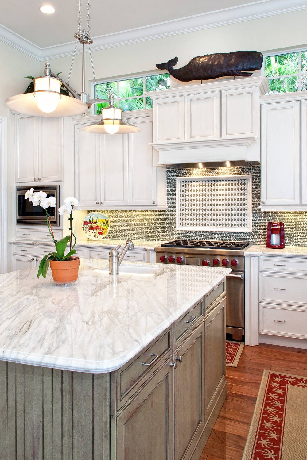 White Granite Countertops Cabinets Multi Color Mosaic Tile Backsplash Hardwood Floor