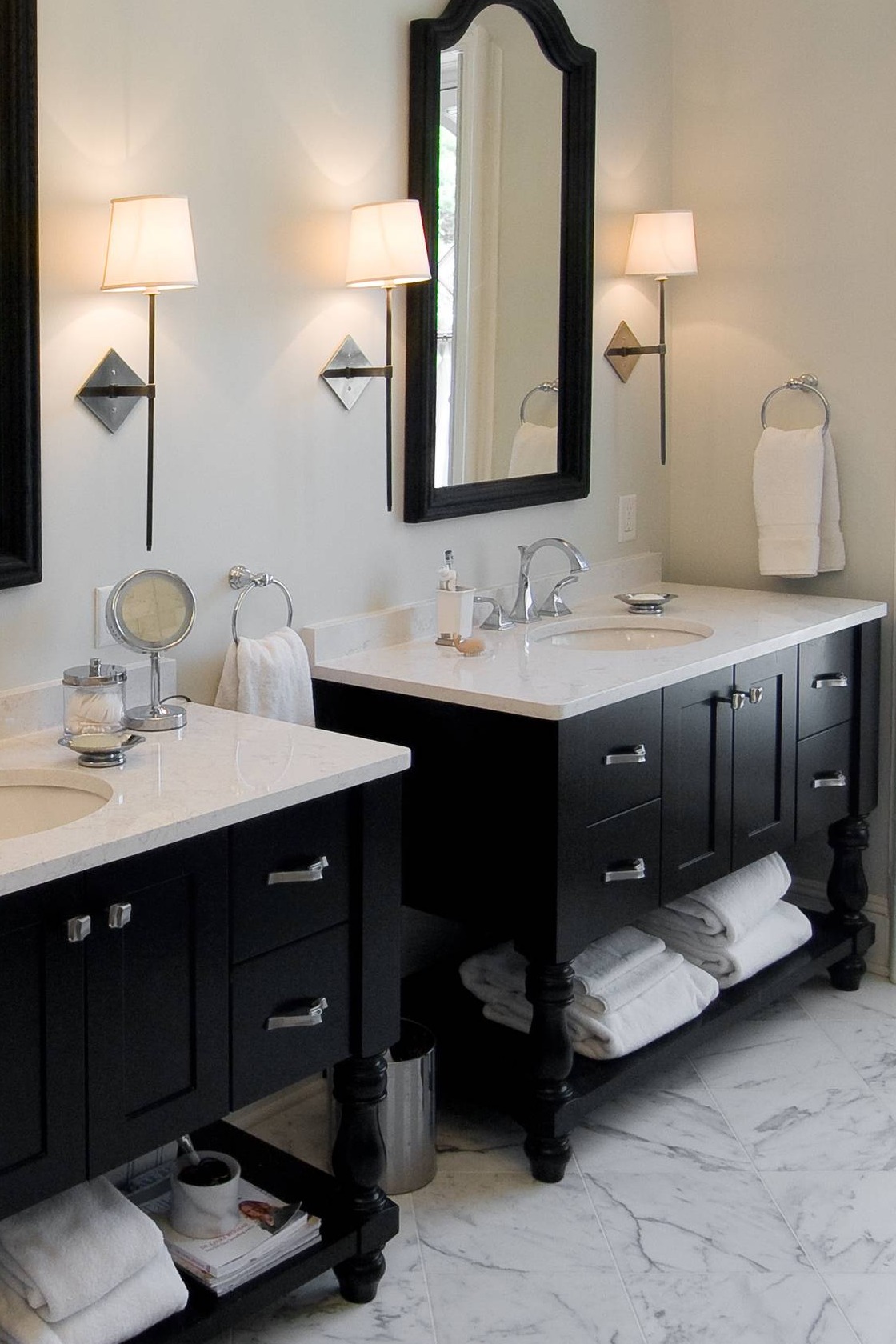 White Quartz Countertops Black Bathroom Vanity Cabinets Marble Floor Tiles