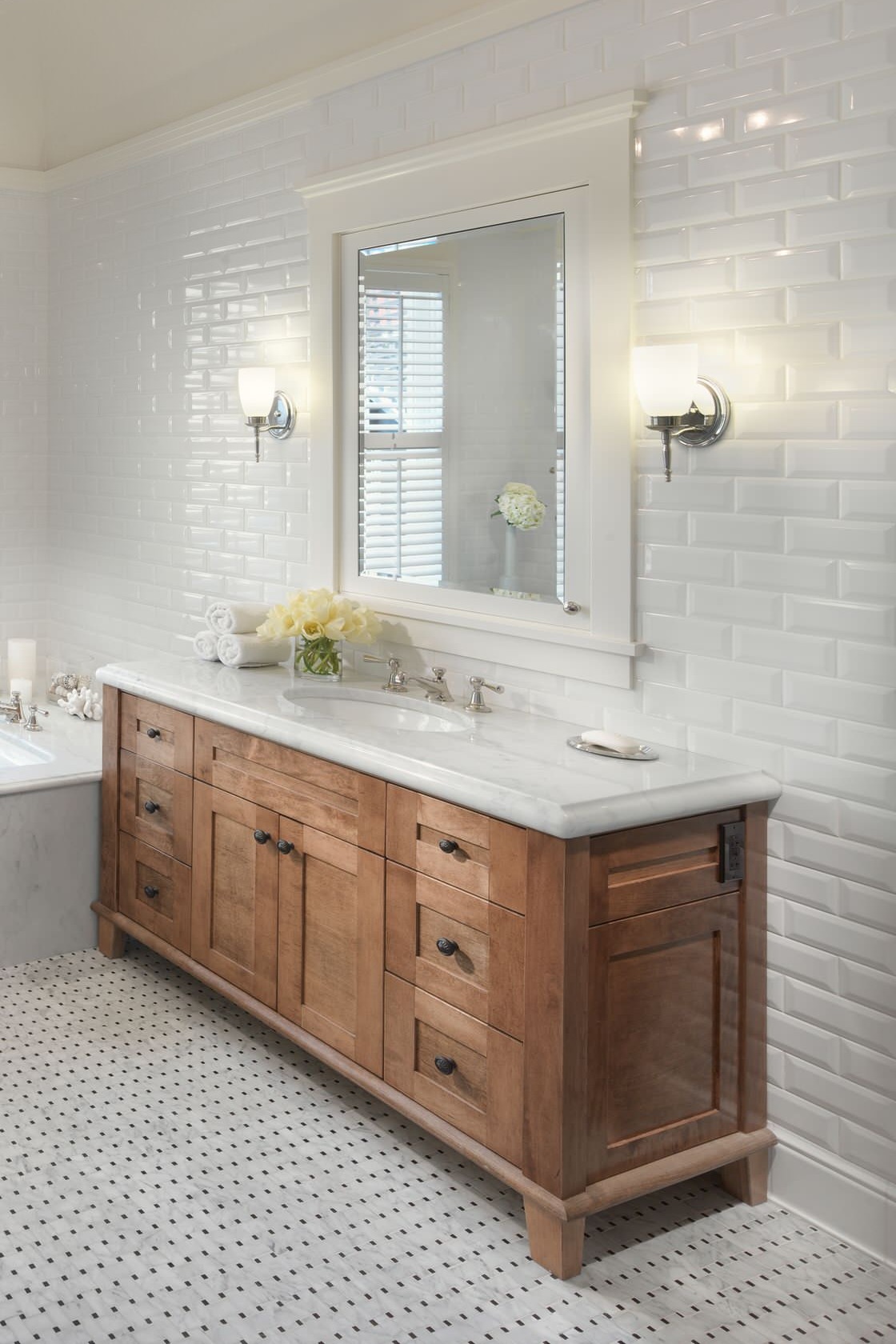 White Quartz Countertops Subway Style Wall Tiles Mosaic Floor Oak Vanity Cabinets