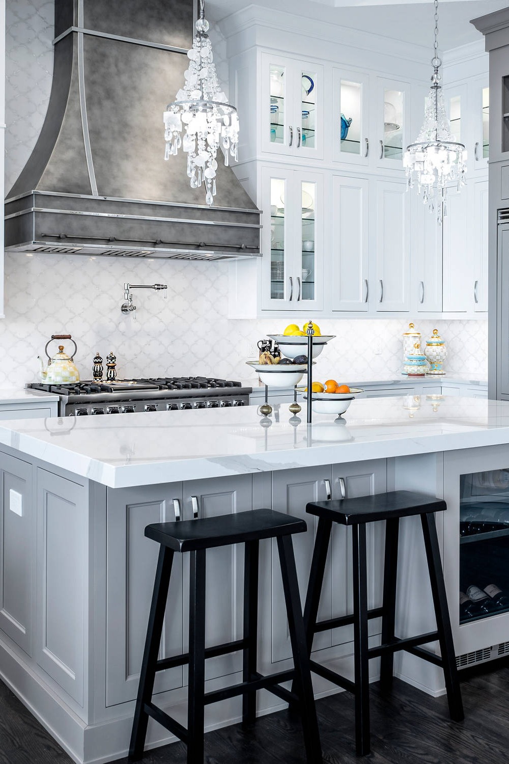 Arabesque Tile Backsplash White Quartz Countertops Gray Cabinets Dark Wood Floor