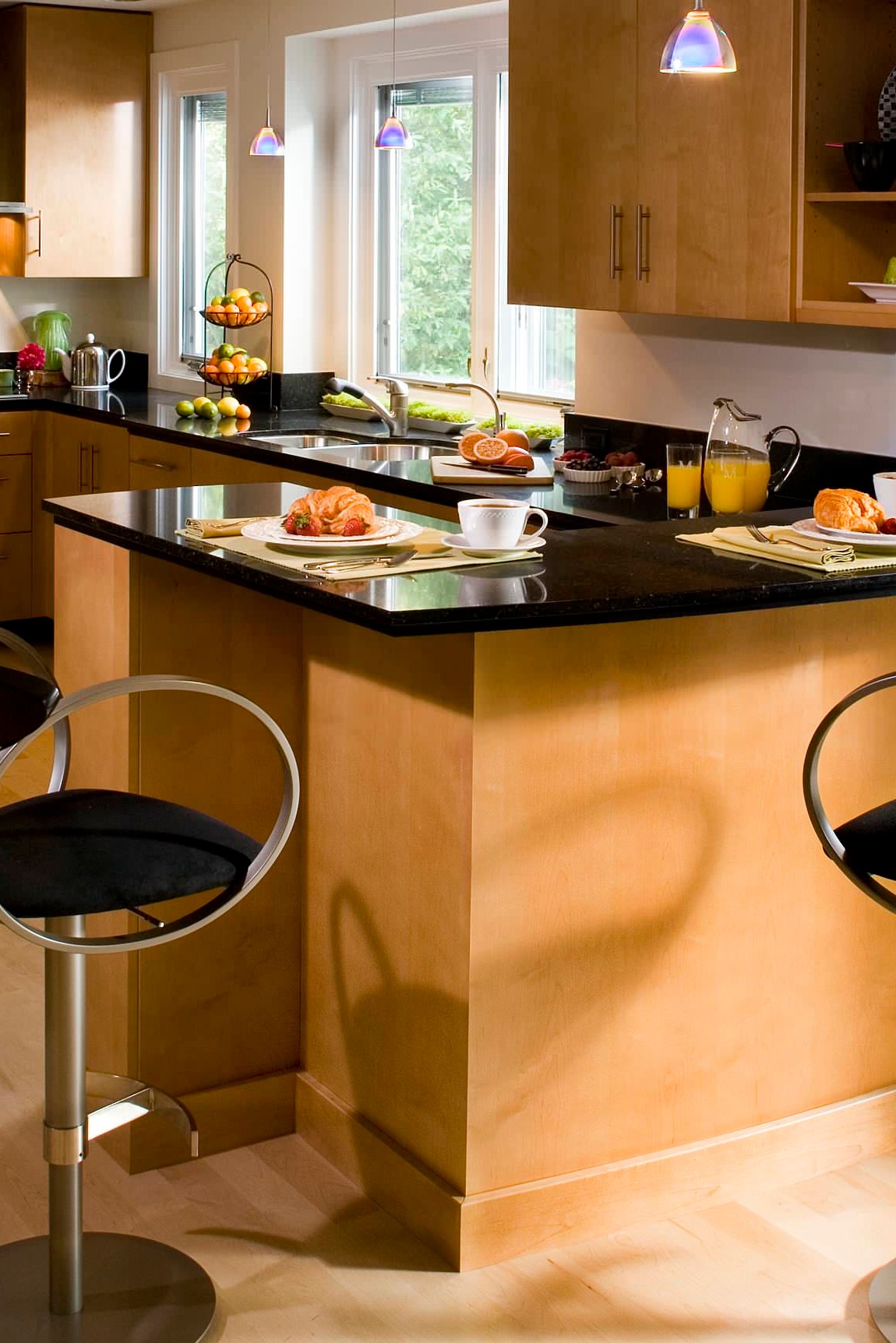 Black Galaxy Granite Countertops Light Brown Cabinets Cream Hardwood Floor