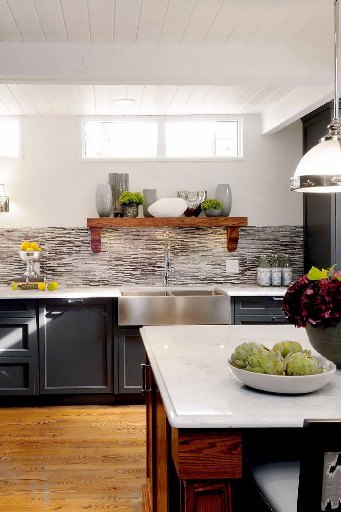 Black Kitchen Cabinets White Quartz Countertops Mosaic Tile Backsplash Hardwood Floor