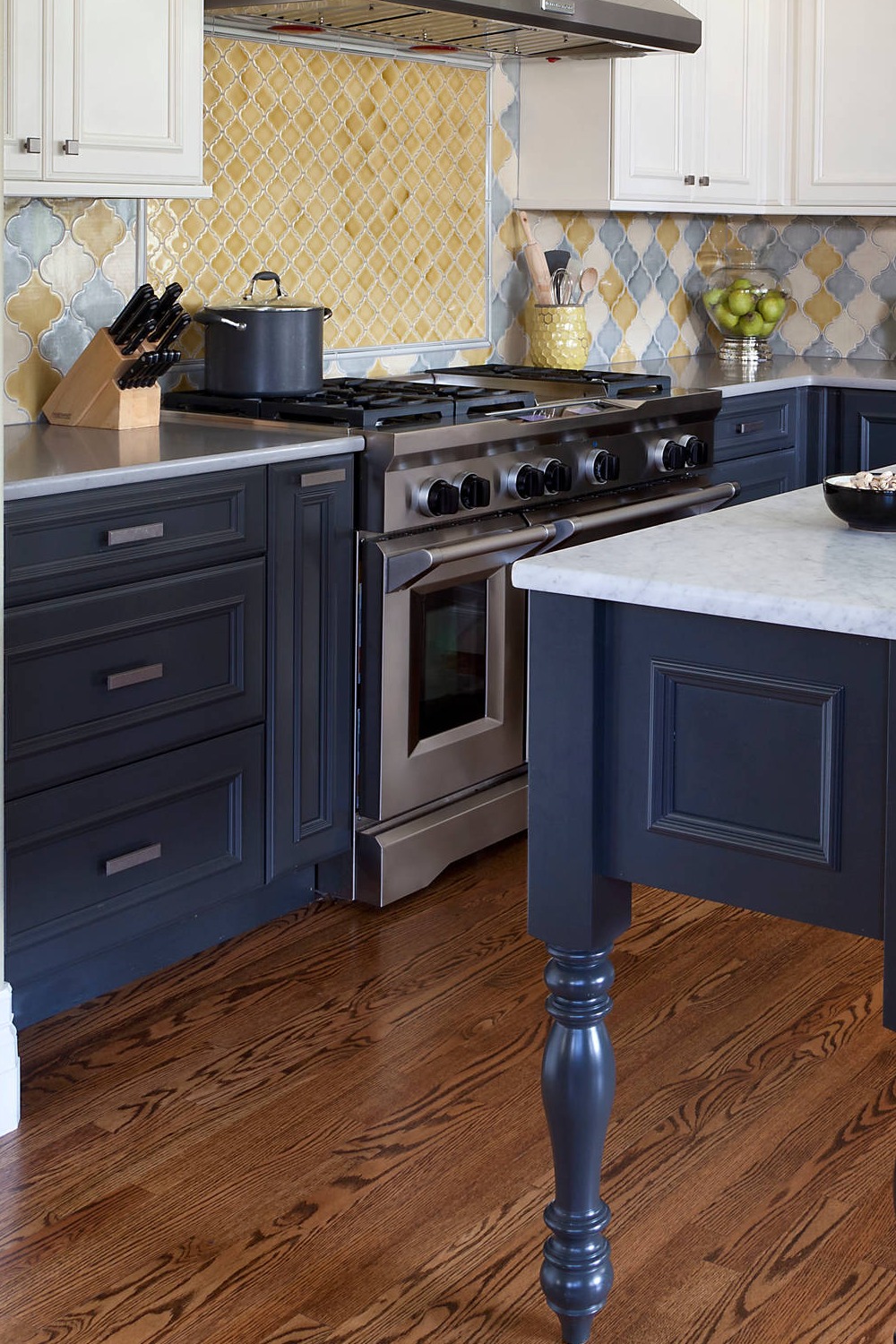 Blue Base White Wall Cabinets Marble Island Quartz Kitchen Countertops Arabesque Backsplash Tile Dark Hardwood Floor