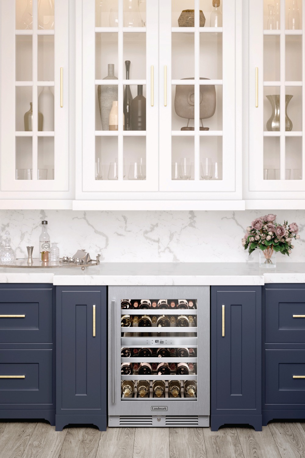 Blue Base White Wall Cabinets Quartz Countertops Full Height Backsplash Gray Porcelain Floor Tile