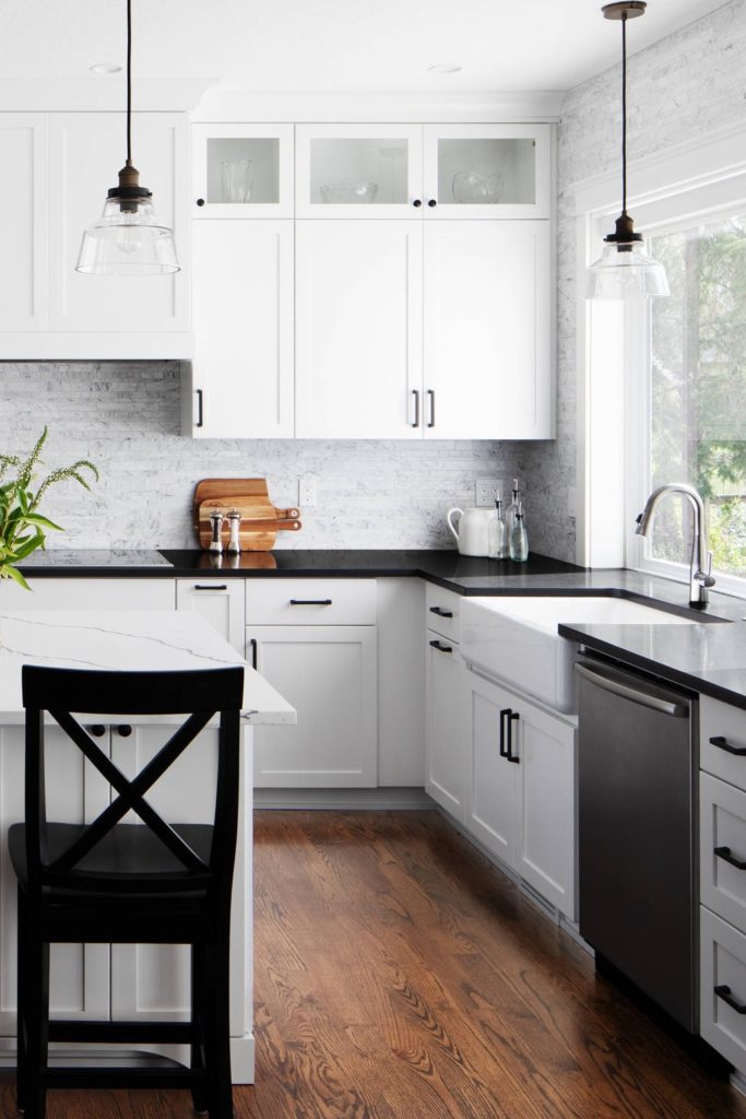 New White Kitchen Cabinets And Black Handles for Large Space