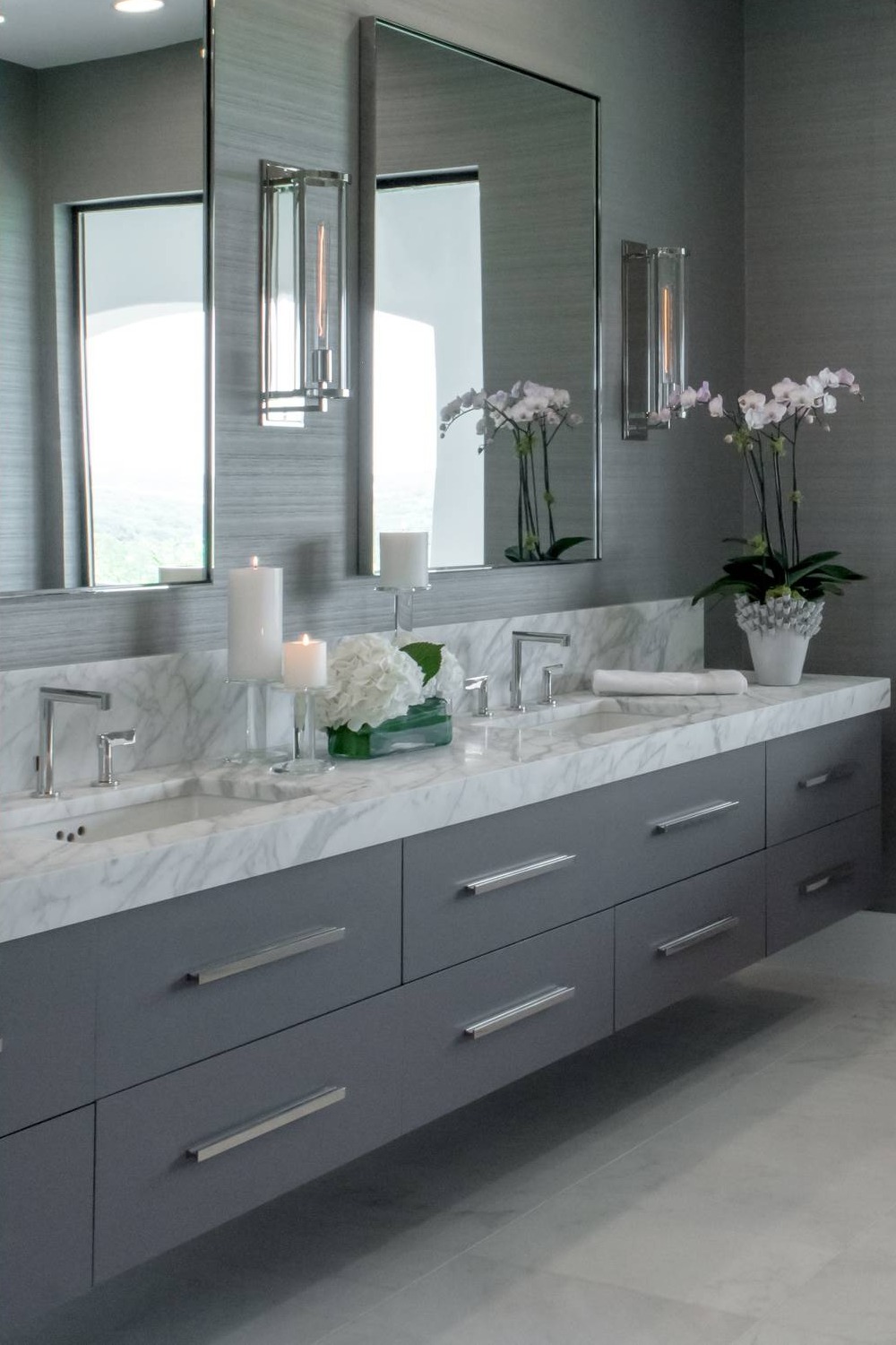 Gray Flat Panel Cabinets Porcelain Tiles Walls White Marble Countertop